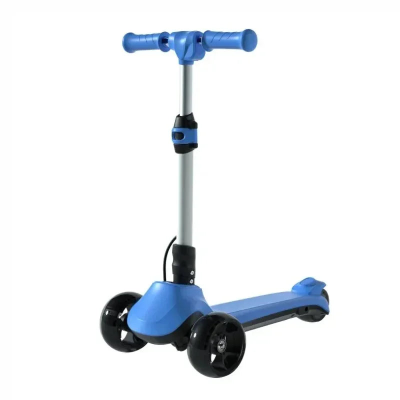 Blue three-wheel kids scooter with adjustable handlebar and black wheels on white background