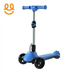 Blue three-wheel kids scooter with adjustable handlebar and black wheels on white background