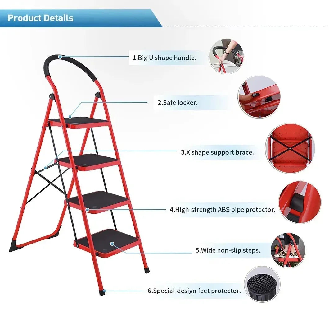Red 4-step safety ladder with U shape handle, safe locker, X support brace, non-slip steps, and feet protector