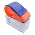 Orange and blue handheld tape dispenser on white packaging box with branding and product illustration