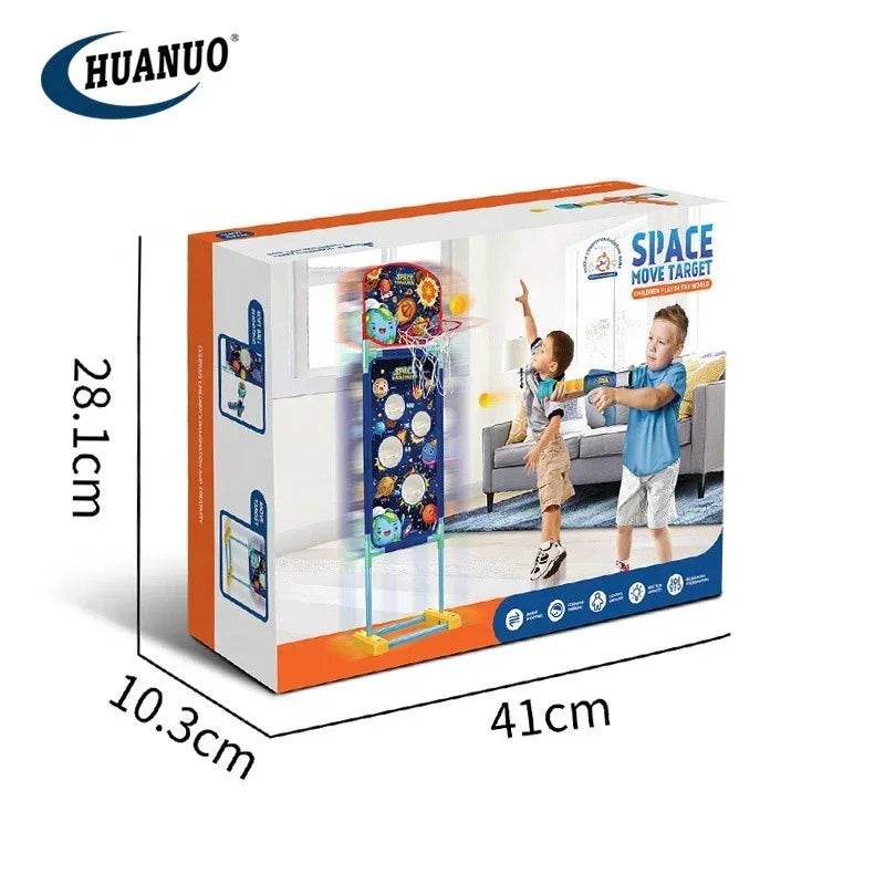 Kids playing indoor basketball game with space-themed move target set and balls