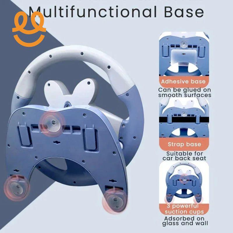 Multifunctional steering wheel base with adhesive, strap, and suction cups for car and wall mounting