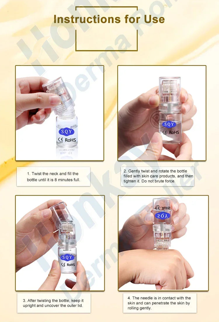 Instructions showing hands twisting and using SQY skincare micro-needle bottle on skin