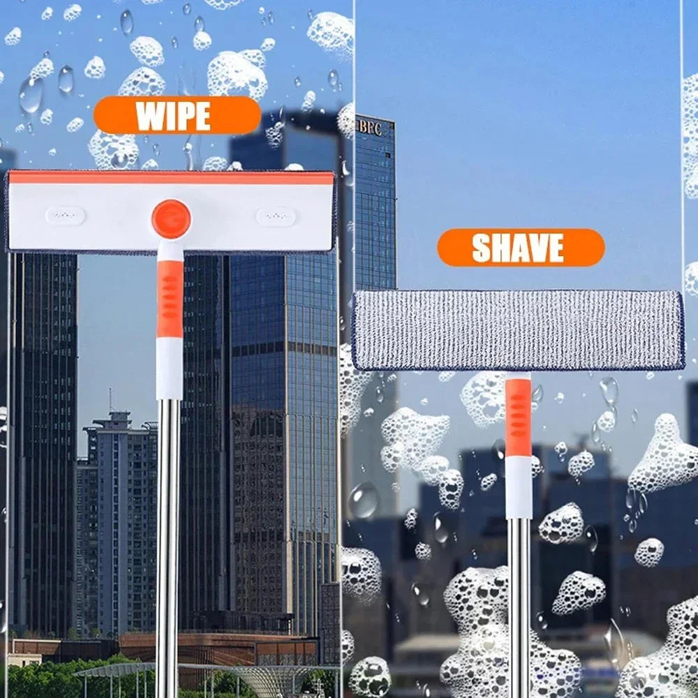 Dual-function window cleaning tool with wipe and shave heads against city skyline background