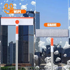 Dual-function window cleaning tool with wipe and shave heads against city skyline background