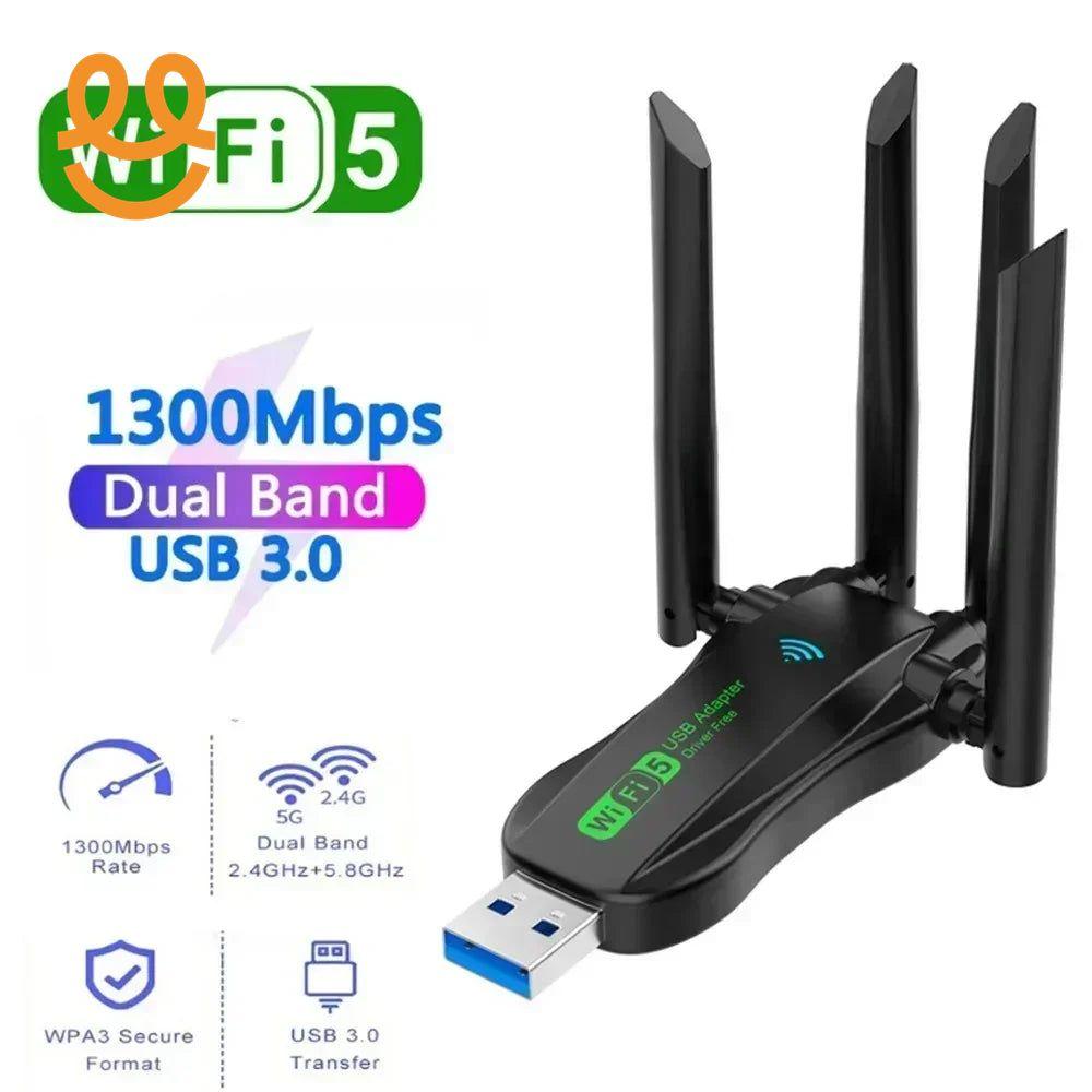 WiFi 5 dual band USB 3.0 wireless adapter with 1300Mbps speed and four external antennas