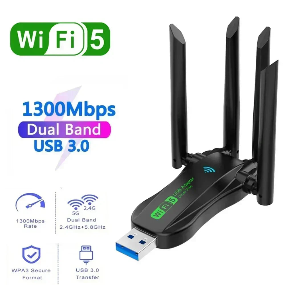 WiFi 5 dual band USB 3.0 wireless adapter with 1300Mbps speed and four external antennas