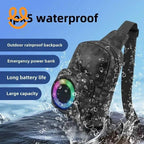 Black waterproof outdoor backpack with IPX5 rating, emergency power bank, and rainbow LED speaker