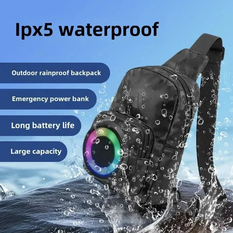 Black waterproof outdoor backpack with IPX5 rating, emergency power bank, and rainbow LED speaker