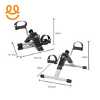 Adjustable pedal exercise bike with digital monitor, showing folded and extended dimensions in centimeters