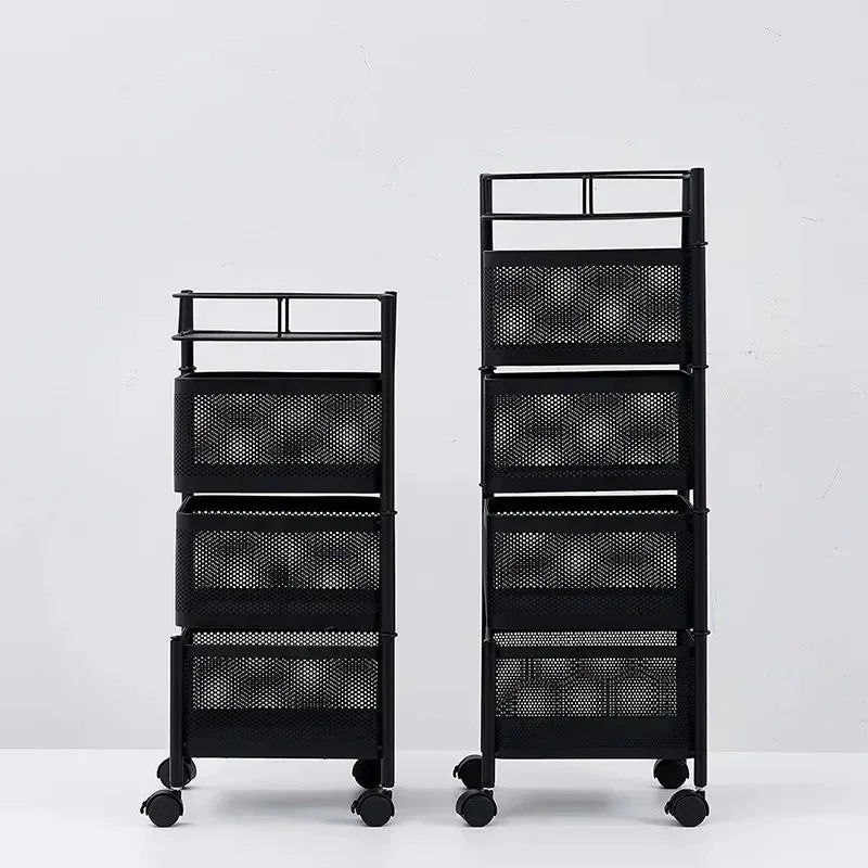 Two black metal mesh rolling storage carts with three and four baskets on wheels