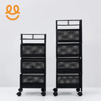 Two black metal mesh rolling storage carts with three and four baskets on wheels