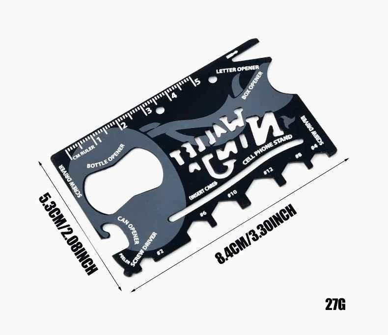 Black credit card multi-tool with bottle opener, screwdrivers, rulers, and phone stand
