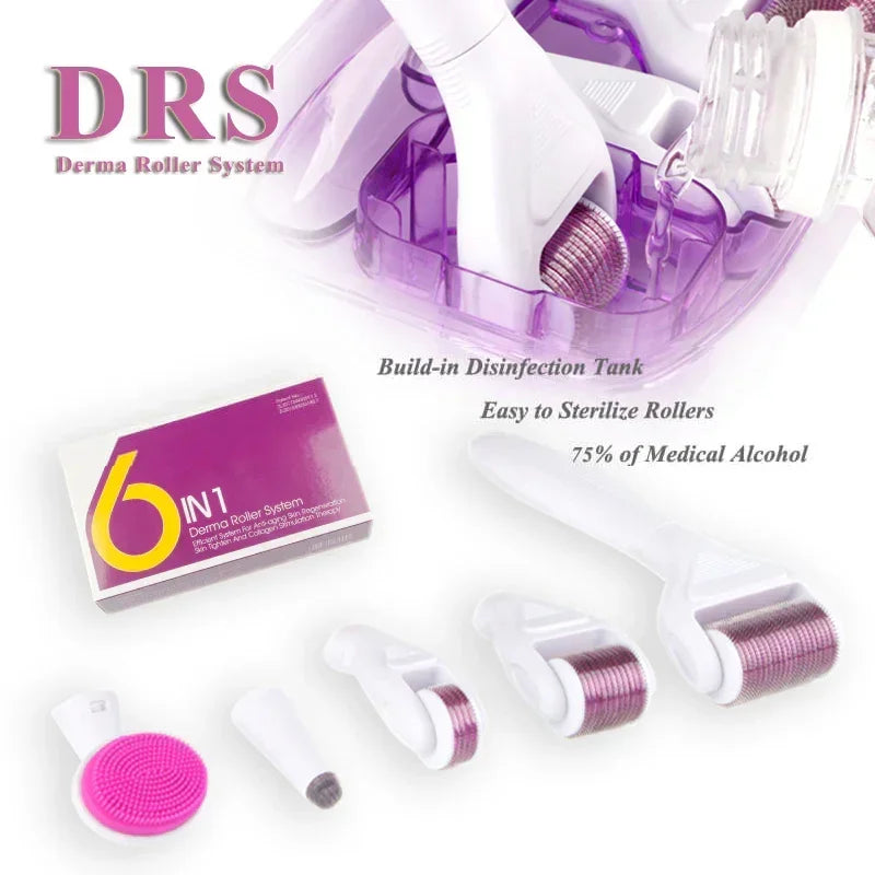 DRS Derma Roller System with six interchangeable rollers, disinfection tank, and medical alcohol sterilization