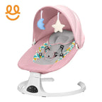 Pink baby rocker with canopy, toy moon and star, colorful patterned cushion, and digital control panel