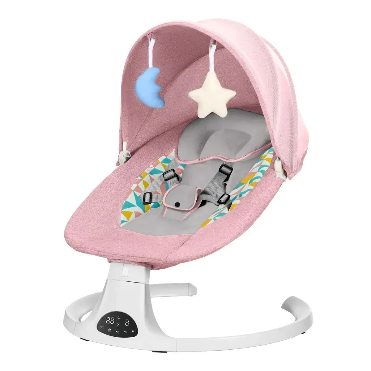 Pink baby rocker with canopy, toy moon and star, colorful patterned cushion, and digital control panel