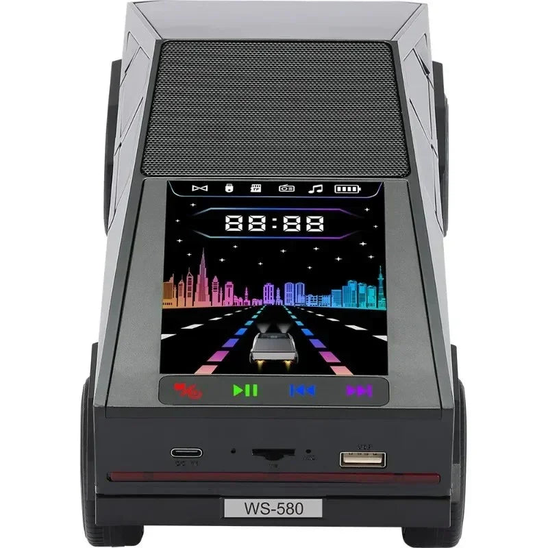 WS-580 modern black car-shaped Bluetooth speaker with colorful digital screen and control buttons