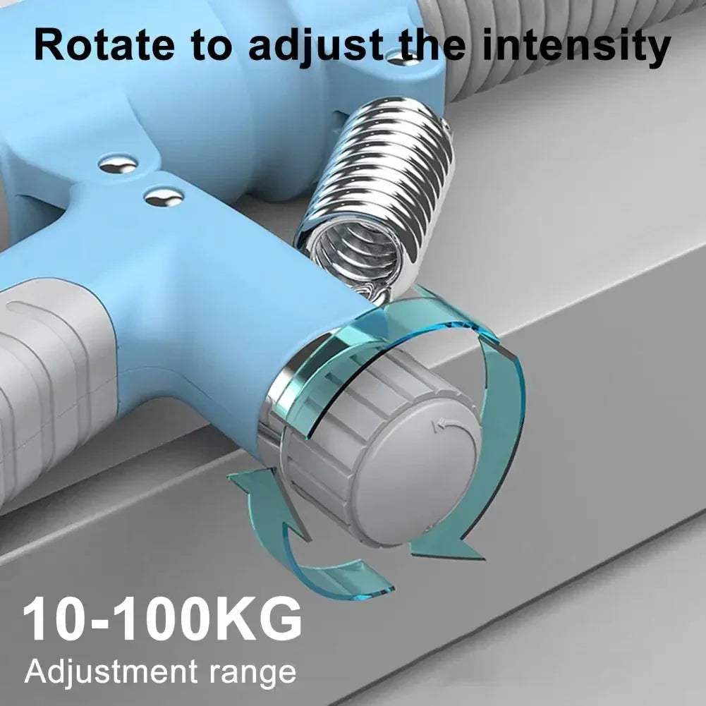 Close-up of a blue hand grip trainer with adjustable knob and spring, 10-100KG resistance range