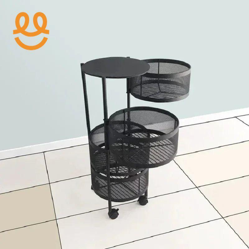 Black metal mesh multi-tier rolling storage cart with three round baskets on tiled floor