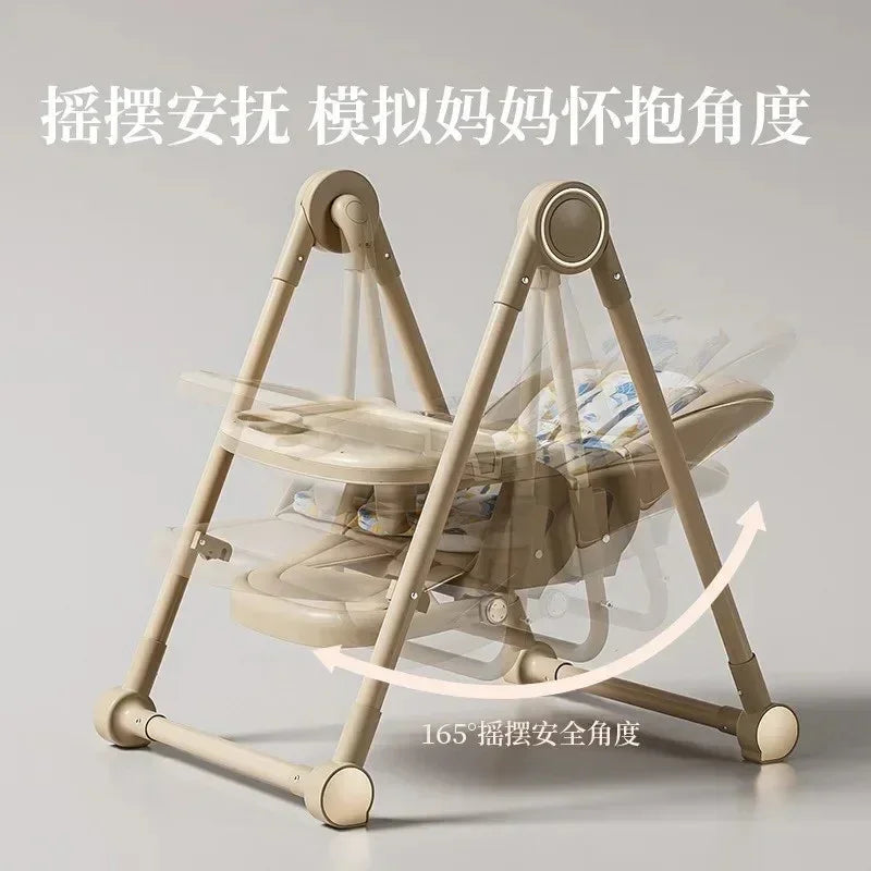 Beige baby rocker chair with adjustable reclining seat and secure 165-degree rocking motion