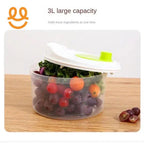 3L transparent plastic container with white lid holding grapes, cherry tomatoes, and lettuce on wooden surface