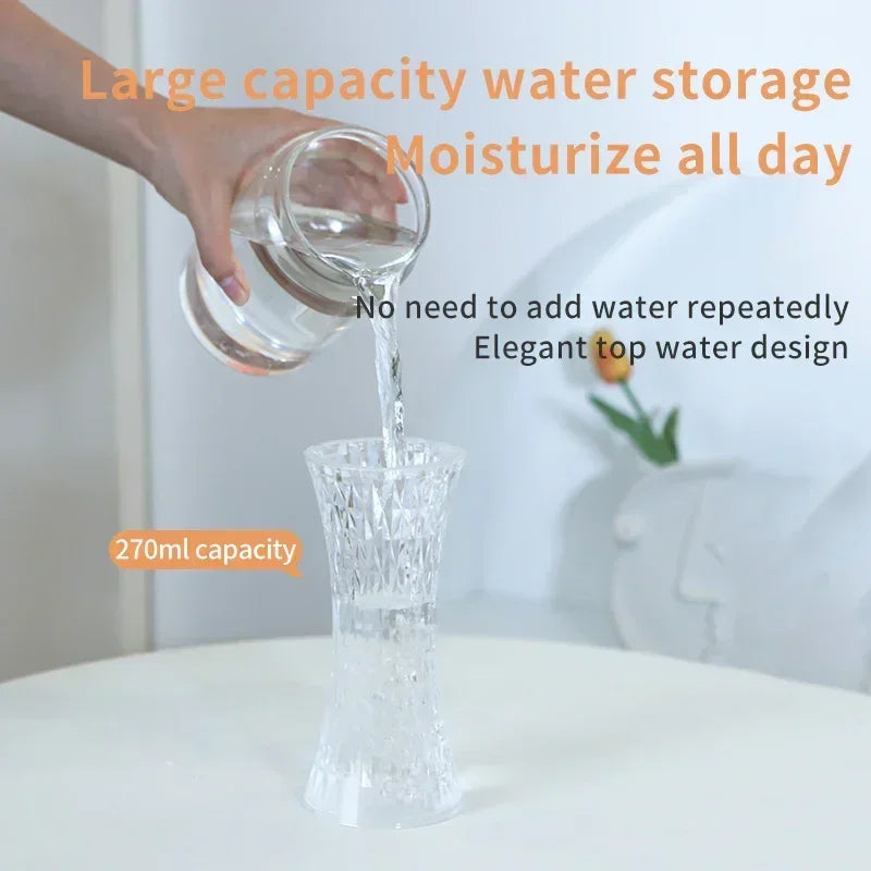 Hand pouring water into a clear 270ml capacity decorative water storage container on white table