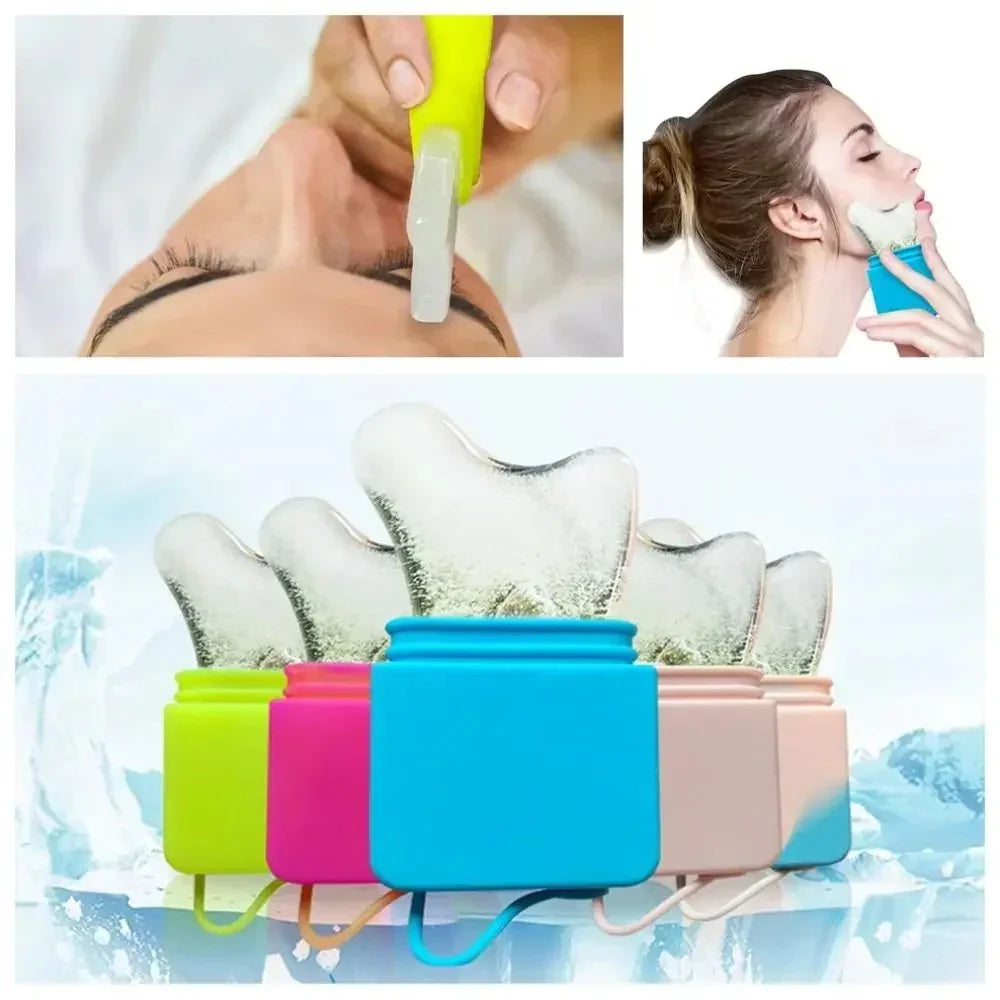 Colorful silicone ice packs with gel, shown used on forehead and jaw for facial cooling therapy