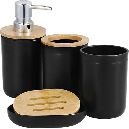 1pc Lotion Dispenser/4pcs Black Bathroom Accessories Set,Plastic Toothbrush Holder with Bamboo Cover,Toothbrush Cup, Soap Dish