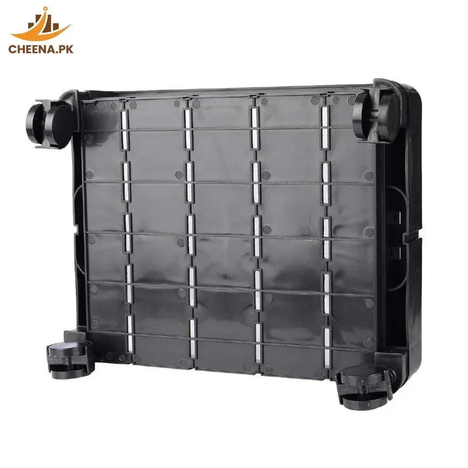 Black plastic base with caster wheels and grid pattern, part of furniture or appliance