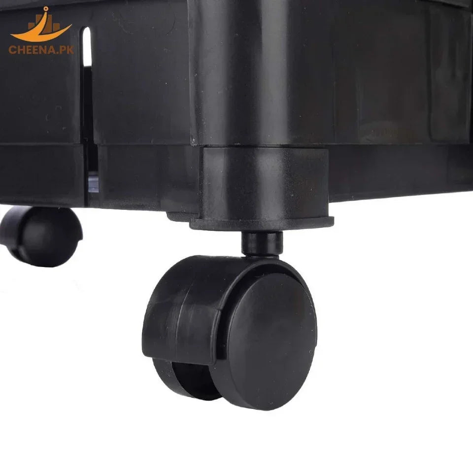 Close-up of black caster wheel attached to the base of a plastic storage container