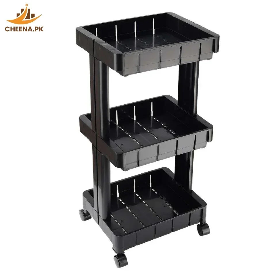 Black three-tier plastic storage cart with wheels and perforated shelves on white background