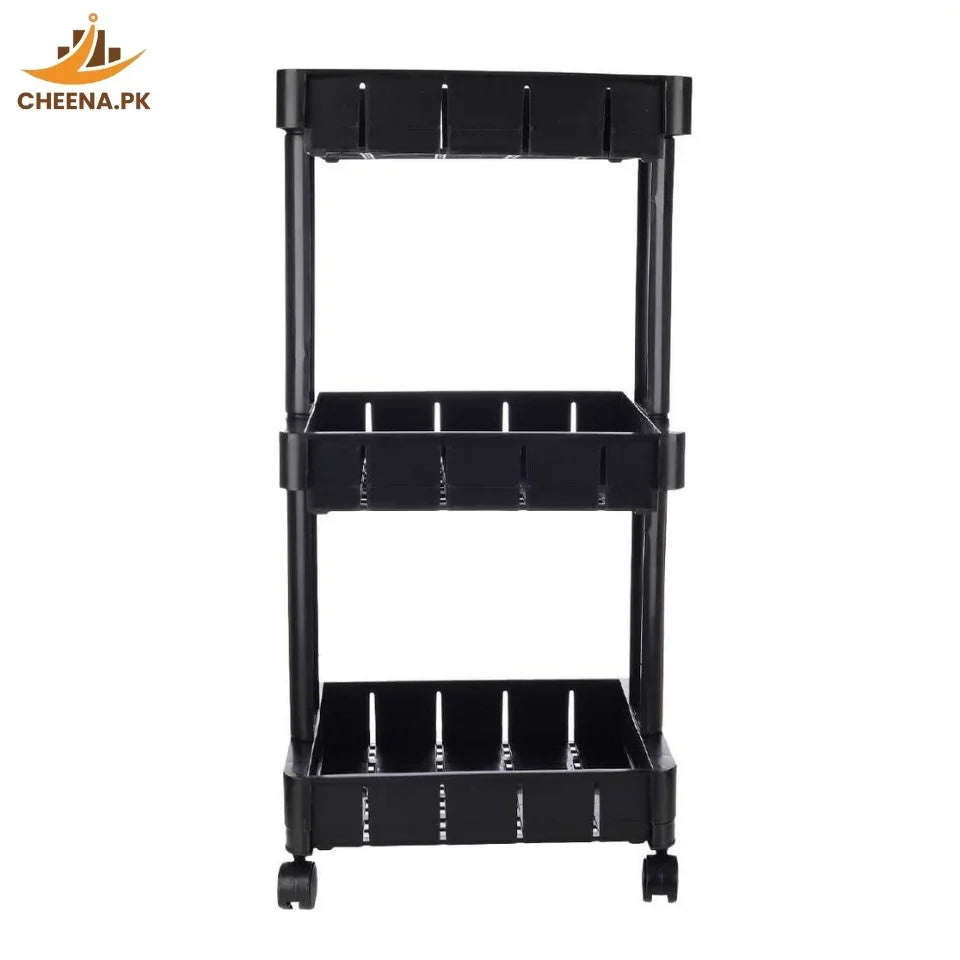 Black plastic three-tier rolling storage cart with open shelves on white background
