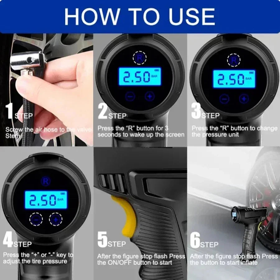 Step-by-step guide showing how to use a digital tire inflator with pressure display and controls