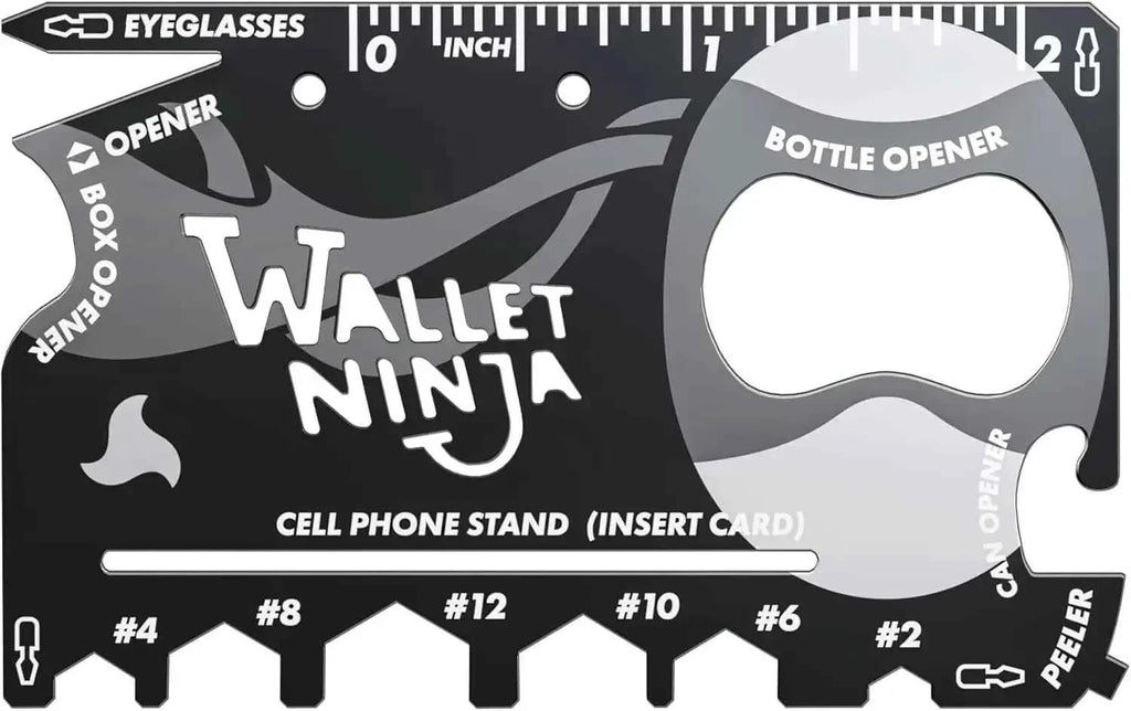Wallet Ninja multi-tool card with bottle opener, eyeglasses screwdriver, box opener, can opener, peeler, and ruler