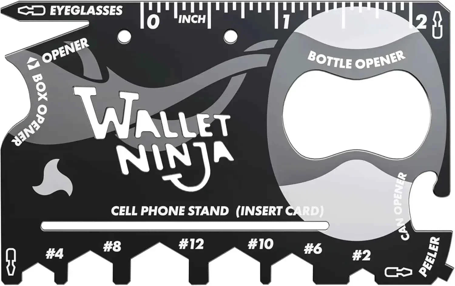 Wallet Ninja multi-tool card with bottle opener, eyeglasses screwdriver, box opener, can opener, peeler, and ruler