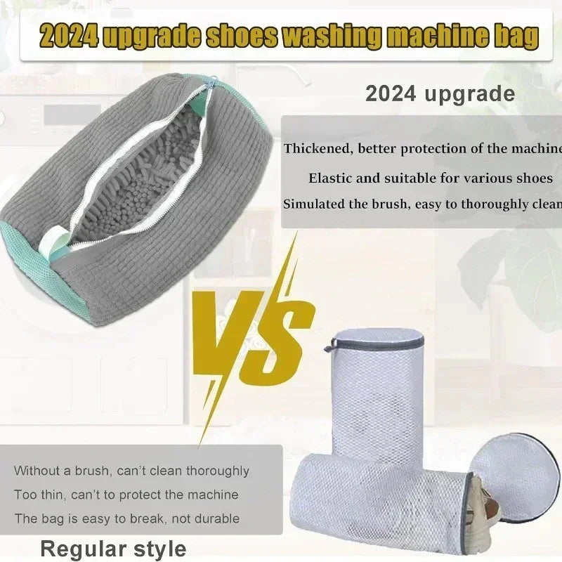 2024 upgrade shoes washing machine bag with thickened brush versus regular thin mesh shoe laundry bags