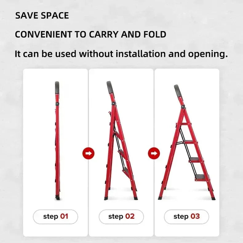Red foldable step ladder shown in three stages of unfolding for portable, space-saving use