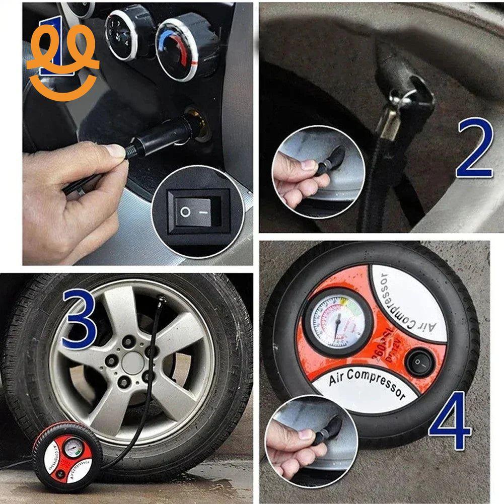 Step-by-step use of portable air compressor to inflate car tire with pressure gauge and power plug