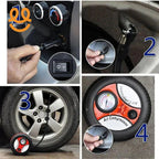 Step-by-step use of portable air compressor to inflate car tire with pressure gauge and power plug
