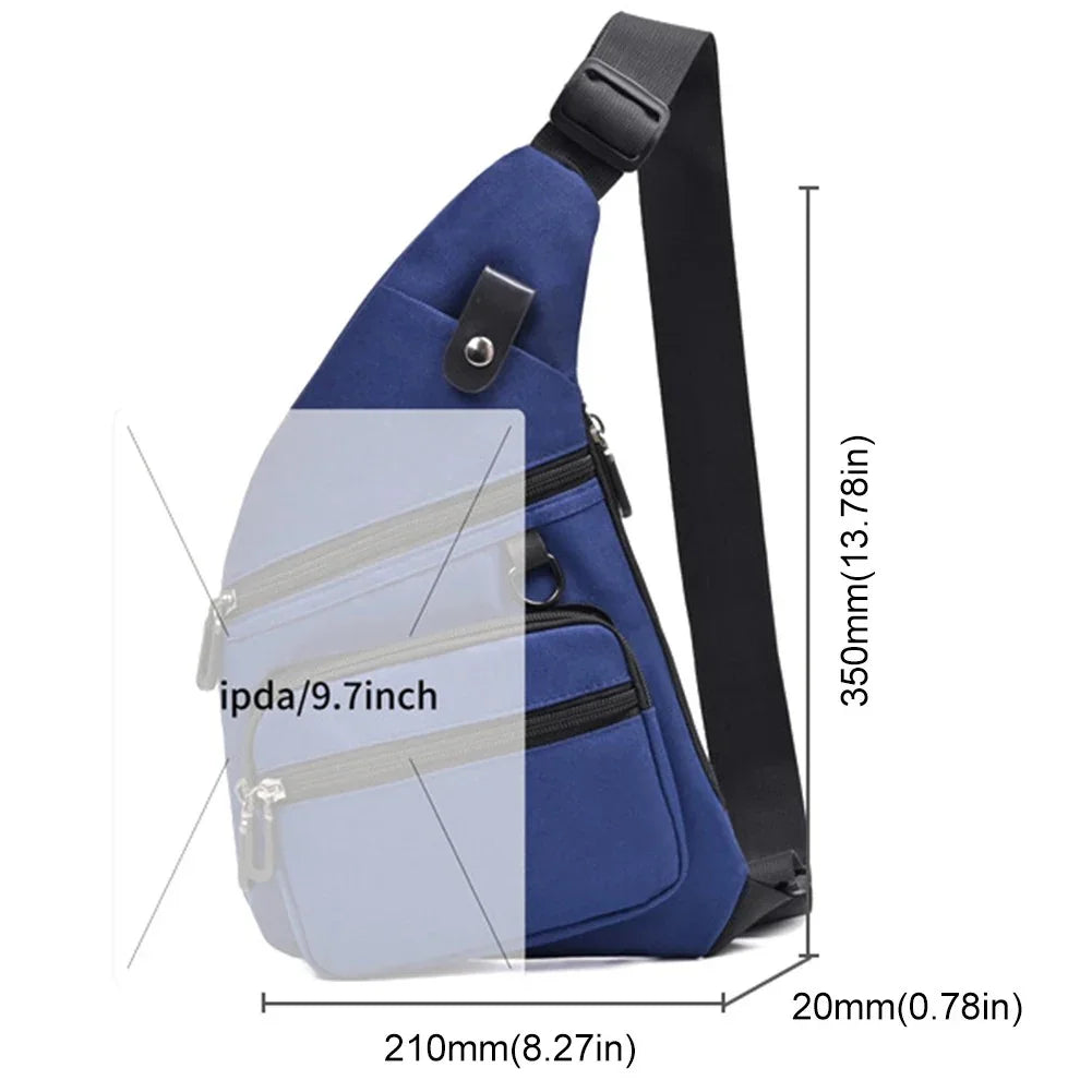 Blue sling bag with black adjustable strap, multiple zippered pockets, and compact design