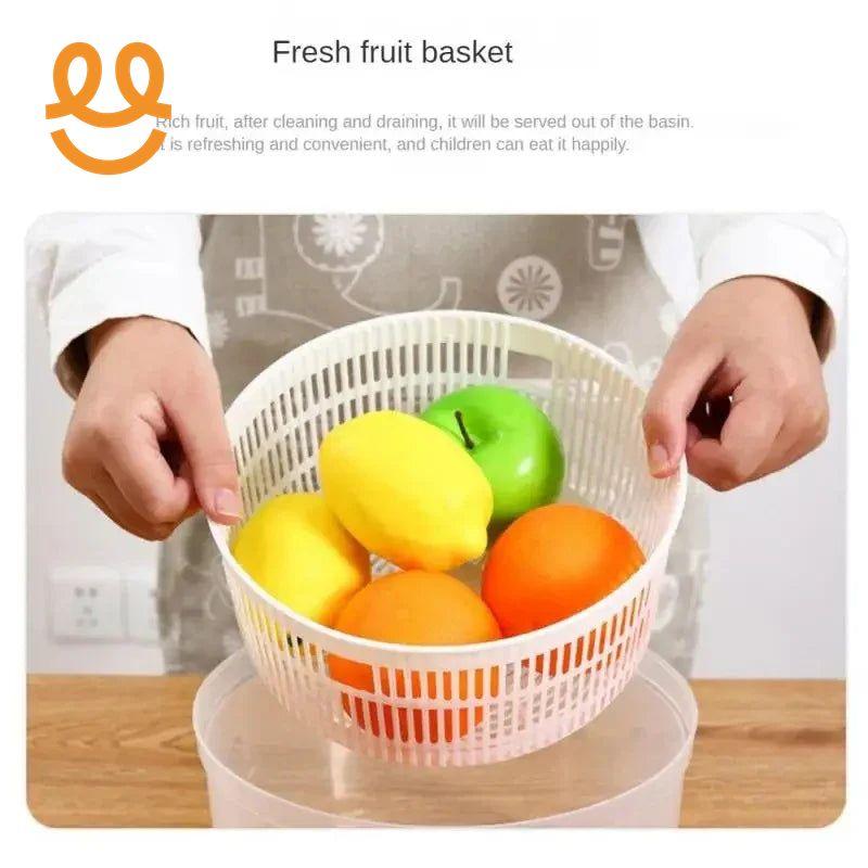 Hands holding plastic fruit basket with lemons, oranges, and green apple over a transparent basin
