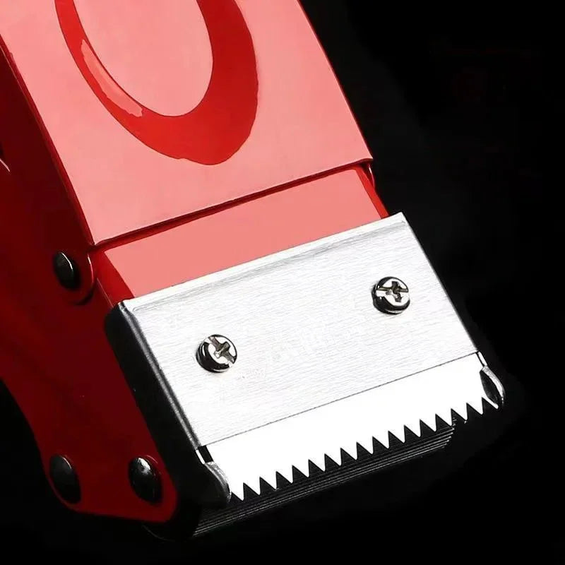 Close-up of a red hair clipper blade detail with metal screws and sharp teeth on black background