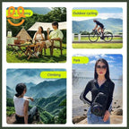 Collage of outdoor activities: picnic camping with couple, outdoor cycling, mountain climbing, woman in park with crossbody bag