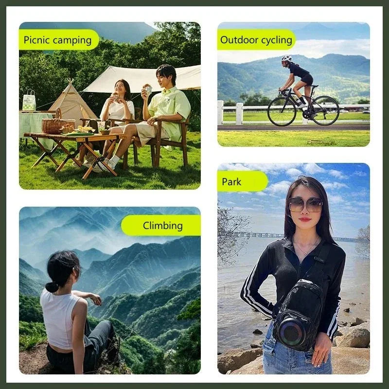Collage of outdoor activities: picnic camping with couple, outdoor cycling, mountain climbing, woman in park with crossbody bag