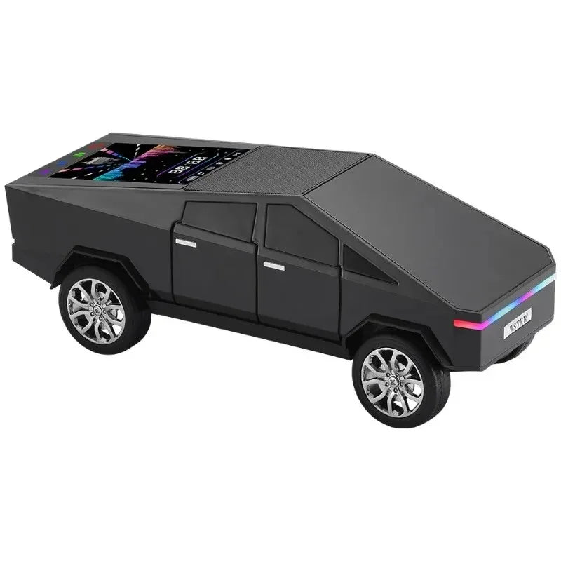 Black Tesla Cybertruck-shaped Bluetooth speaker with touch control panel on top and chrome wheels