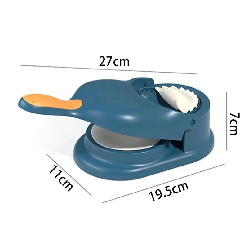 Blue and orange plastic dumpling maker with dimensions 27x19.5x7 cm for home cooking