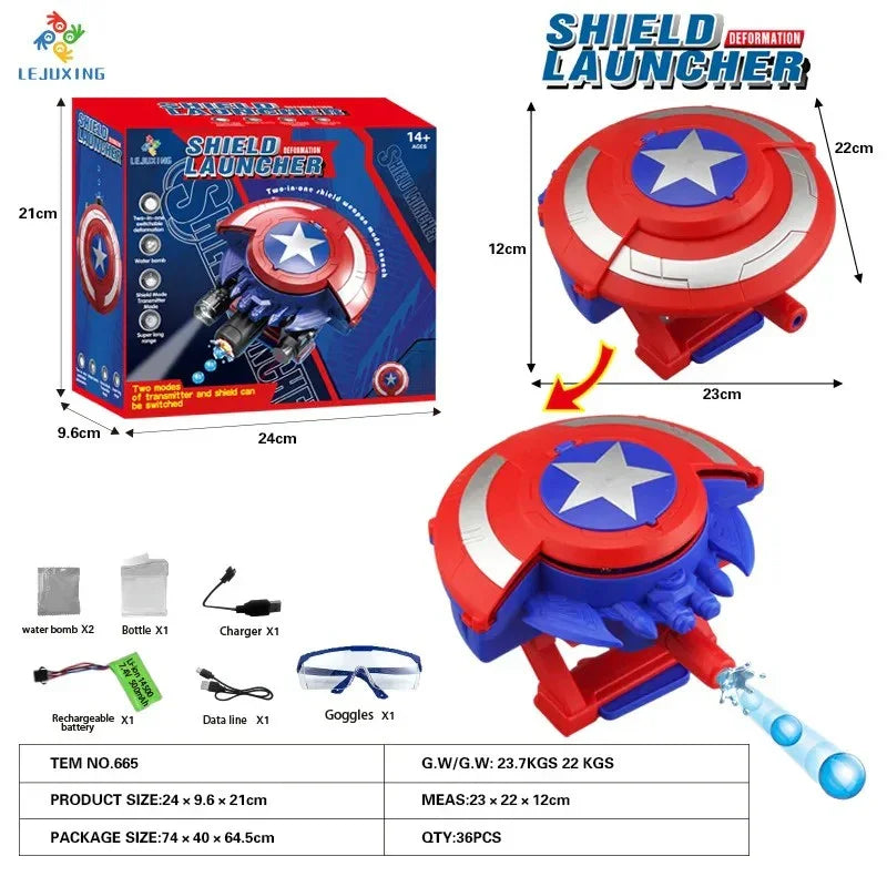 Shield launcher water toy resembling Captain America shield with missile and blue goggles included