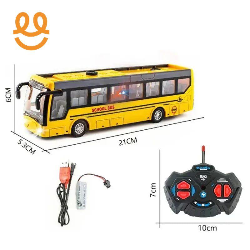 Yellow remote control school bus toy with dimensions, USB charger, battery, and black controller