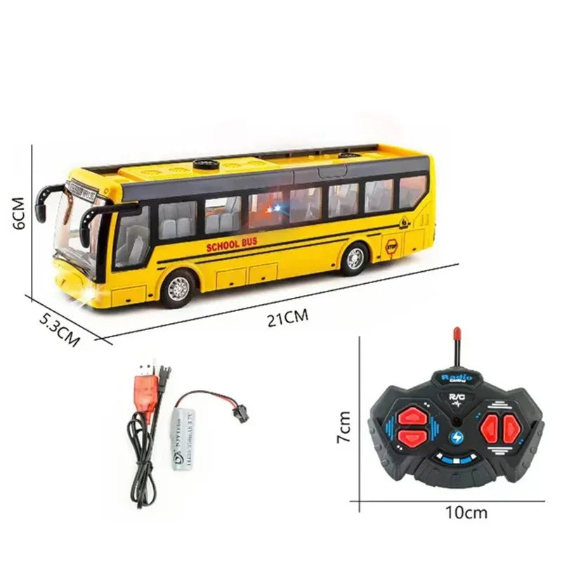 Yellow remote control school bus toy with dimensions, USB charger, battery, and black controller