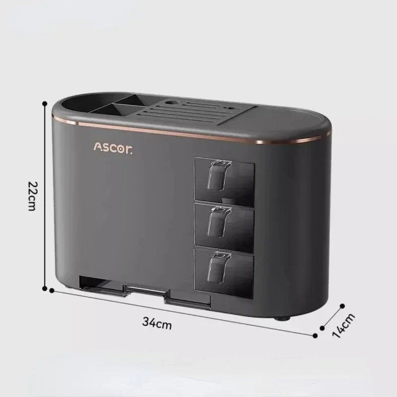 Black Ascor desk organizer with three drawers and compartments, measuring 34x22x14cm